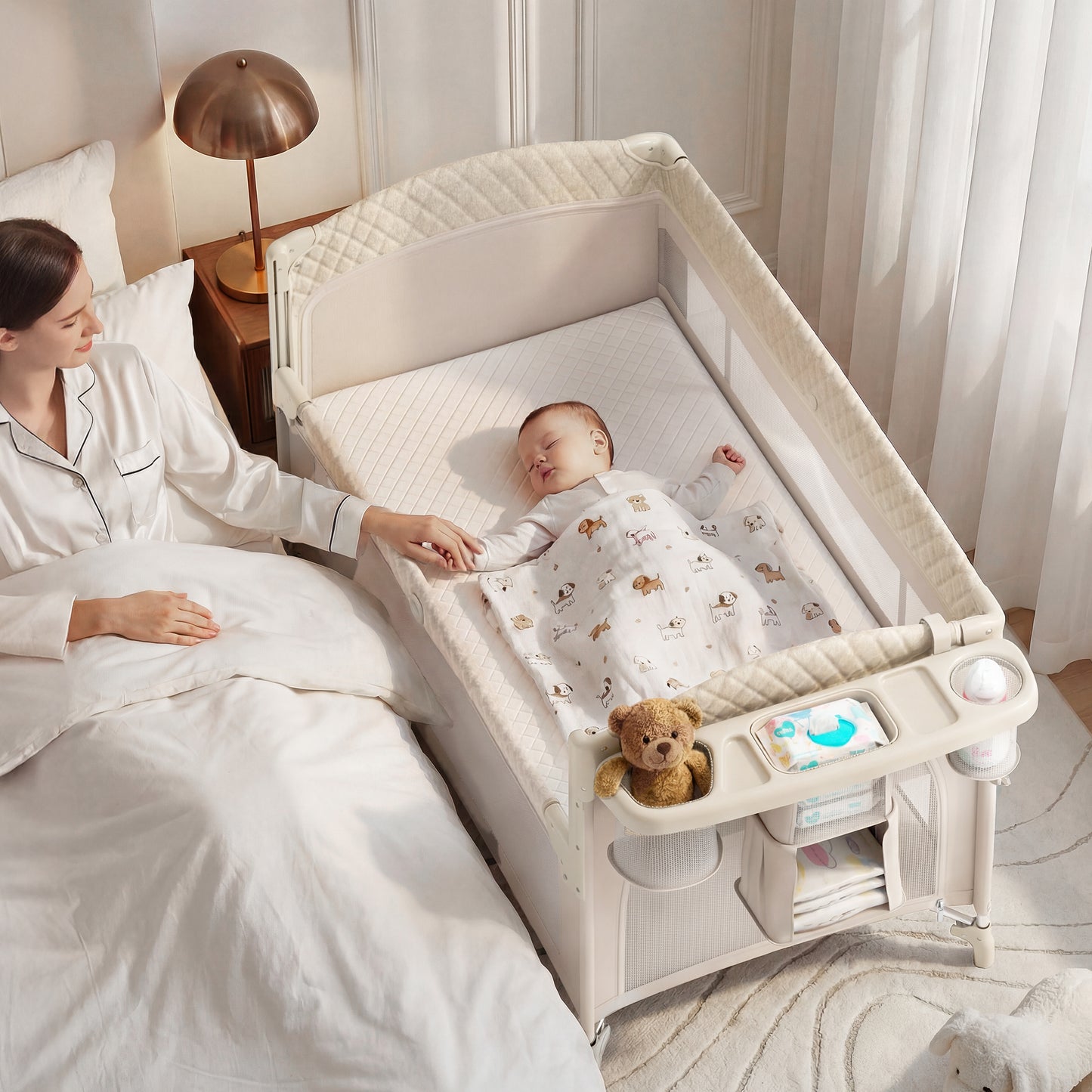 (UP670S)4 in 1 Baby Bassinet, Pack and Play, Bedside Crib Sleeper, Diaper Changer - Comes with Mattress, Mosquito Net,Bottom Storage and Toy Bar for Newborn to Toddles
