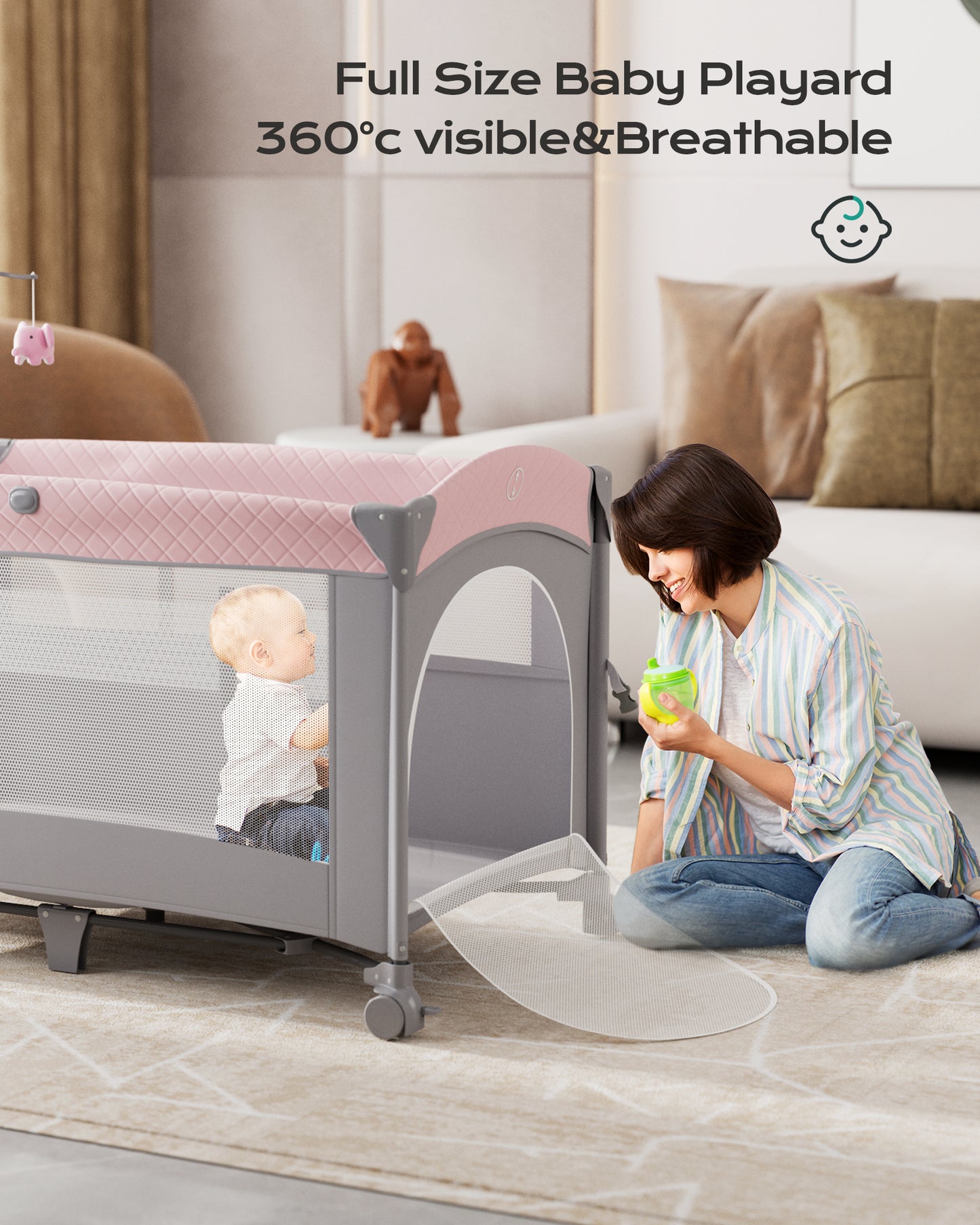 5 in 1 Baby Bassinet Bedside Sleeper, Rocking Bassinet for Baby, Easy Folding Portable Playards, Pack and Play with Mattress, Diaper Changer and Music Mobile Gray