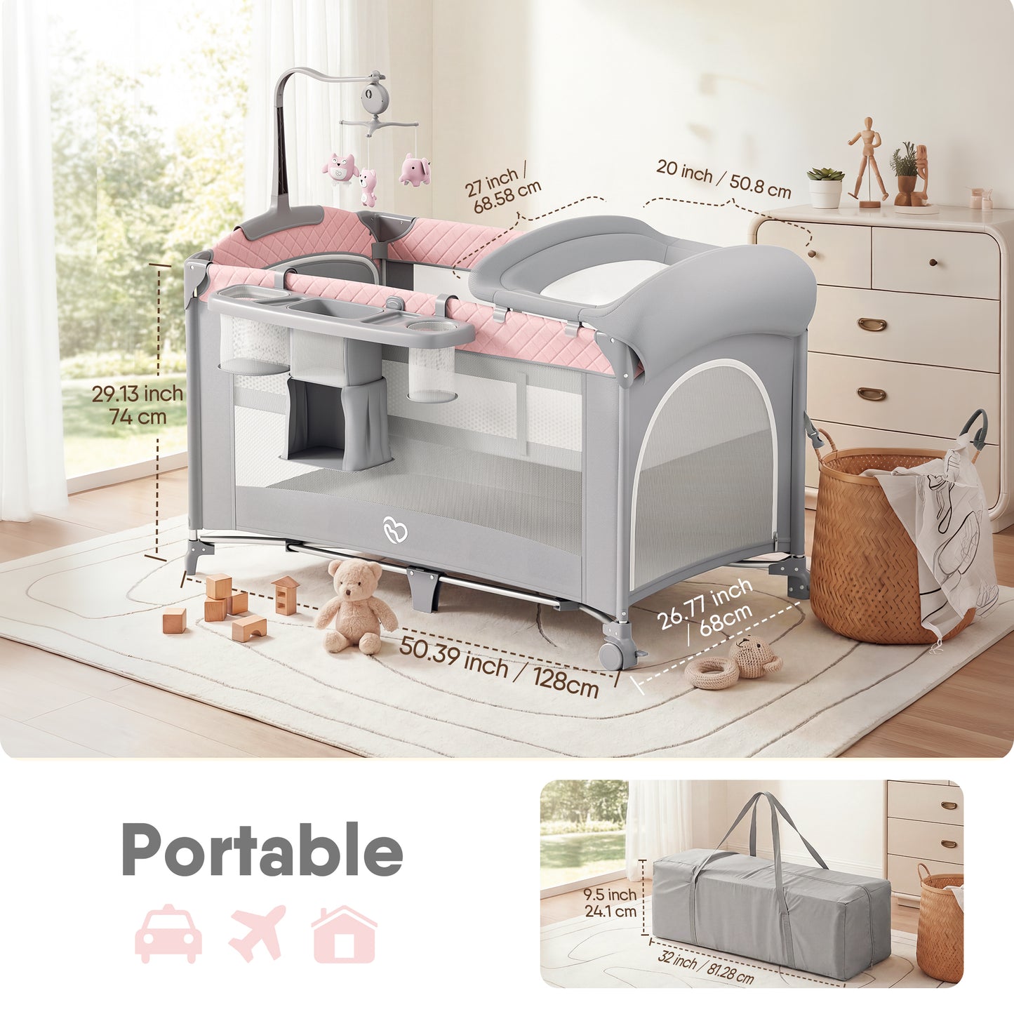 5 in 1 Baby Bassinet Bedside Crib, Easy Folding Portable Playards, Pack and Play with Mattress, Diaper Changer and Music Mobile Pink