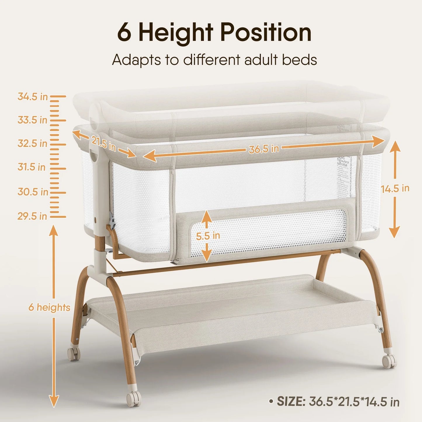(BB0Y06-Bei-GL)Baby Bassinet Bedside Crib, 3-in-1 Baby Bassinet Bedside Sleeper with Mattress and Soft, Breathable Sheet, Full-Mesh Sides, 6-Height Adjustable, Stable and Secure Crib for Newborns