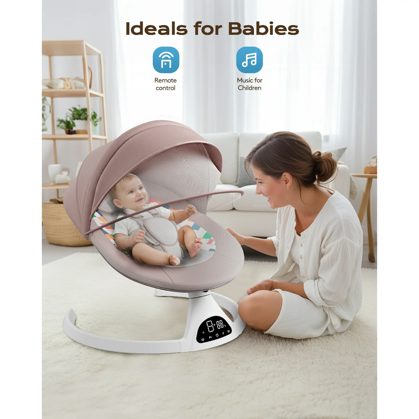 Electric Baby Swing for Infants, Baby Rocker for Infants with 5 Speeds, 10 Lullabies, Adapter & Battery Operated, Indoor & Outdoor Use, Remote Control Pink