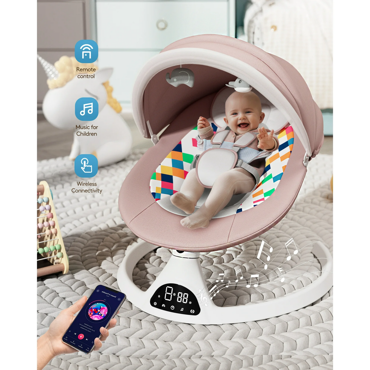 Electric Baby Swing for Infants, Baby Rocker for Infants with 5 Speeds, 10 Lullabies, Adapter & Battery Operated, Indoor & Outdoor Use, Remote Control Pink