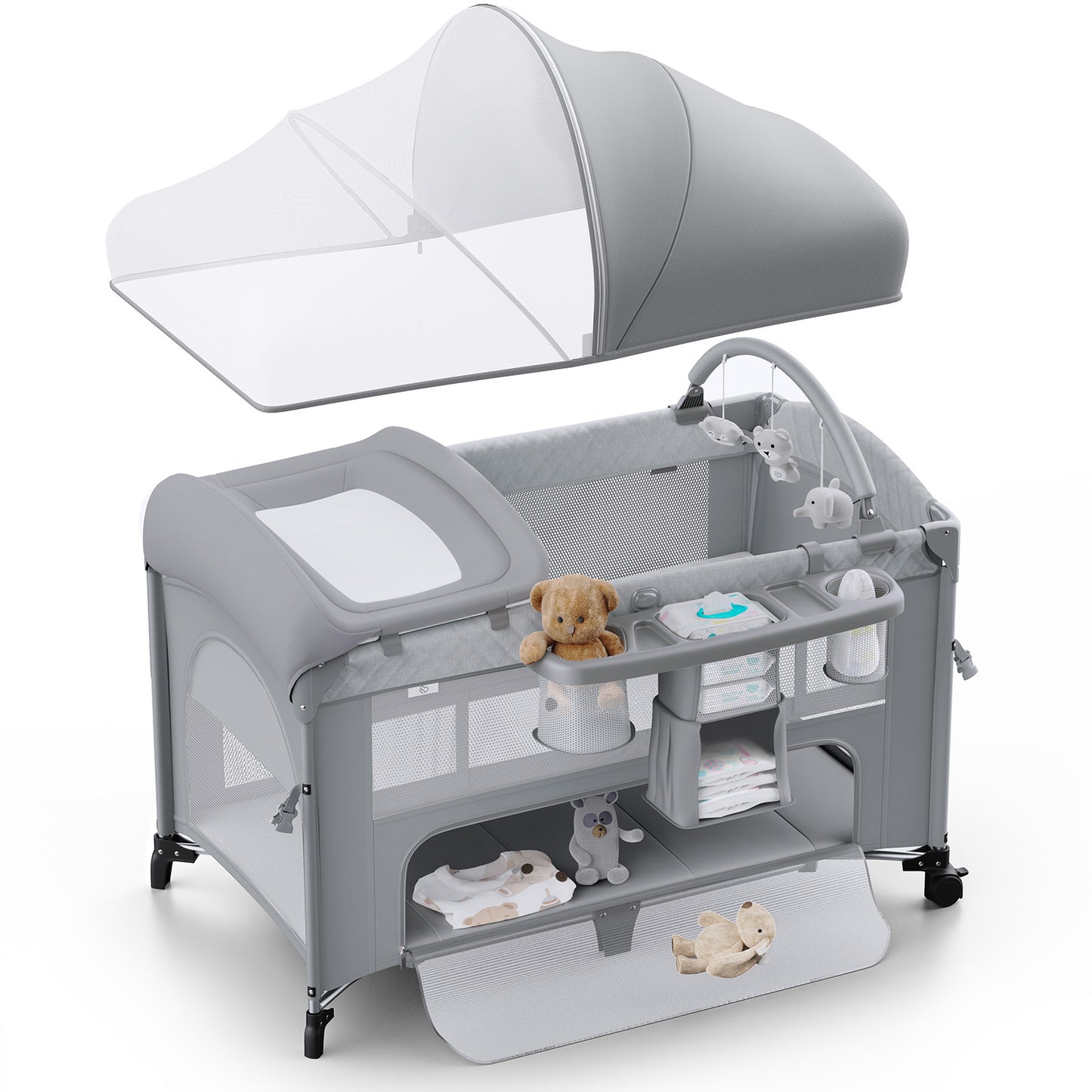 (670)4 in 1 Baby Bassinet, Pack and Play, Bedside Crib Sleeper, Diaper Changer - Comes with Mattress, Mosquito Net,Bottom Storage and Toy Bar for Newborn to Toddles