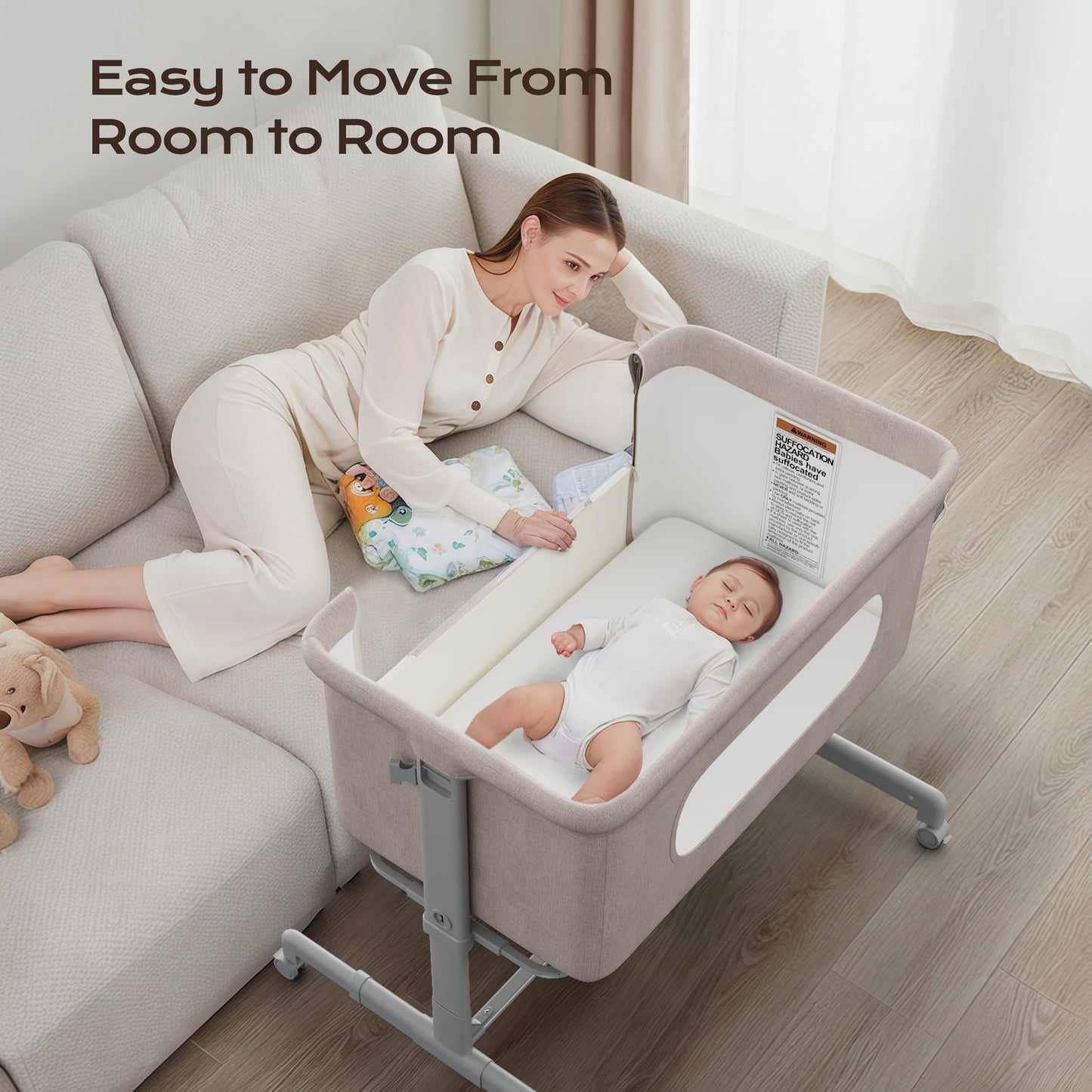 Babyomi Baby Bassinet with Adjustable 6-Level Height, Bedside Crib for Newborn, Beige