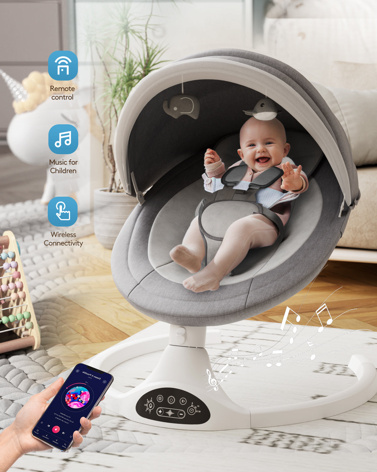 (BM0006)Babyomi Baby Swing, Modern Infant Swing with 5 Swing Speeds and 10 Lullabies, APP Remote Bluetooth and Touch Screen Control, Baby Swings for Babies 5-20 Lb, 0-12 Months, Grey