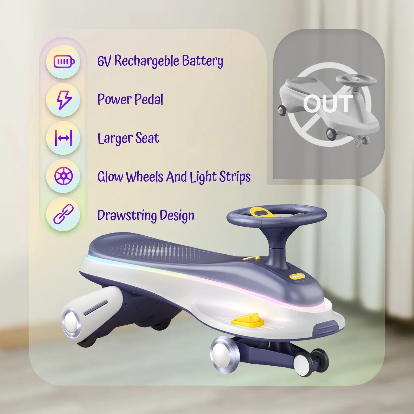 Babyomi 6V Large Classic Electric Wiggle Car with Glow wheels and Music, 2 Speed 2 in 1 Swing Car with Rechargeable Battery and Pedal for Ages 3 and Up Gifts, White-Blue(k12)