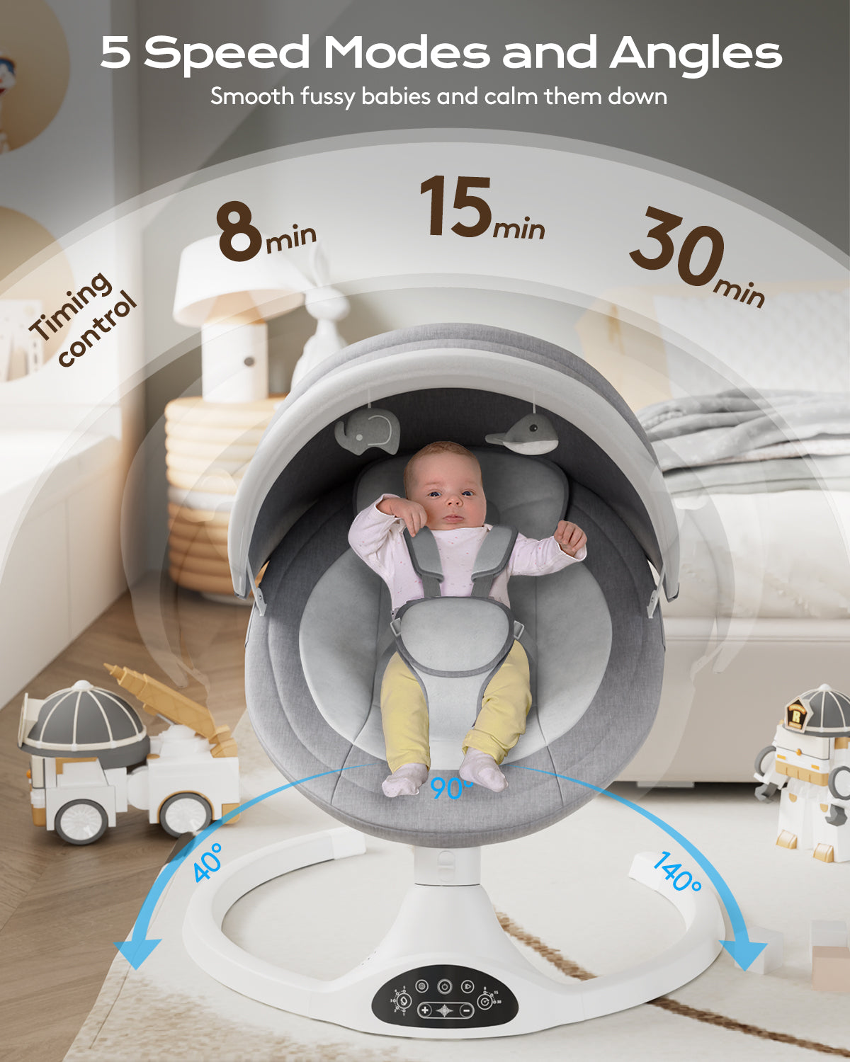 Babyomi Baby Swing, Modern Infant Swing with 5 Swing Speeds and 10 Lullabies, APP Remote Bluetooth and Touch Screen Control, Baby Swings for Babies 5-20 Lb, 0-12 Months, Grey