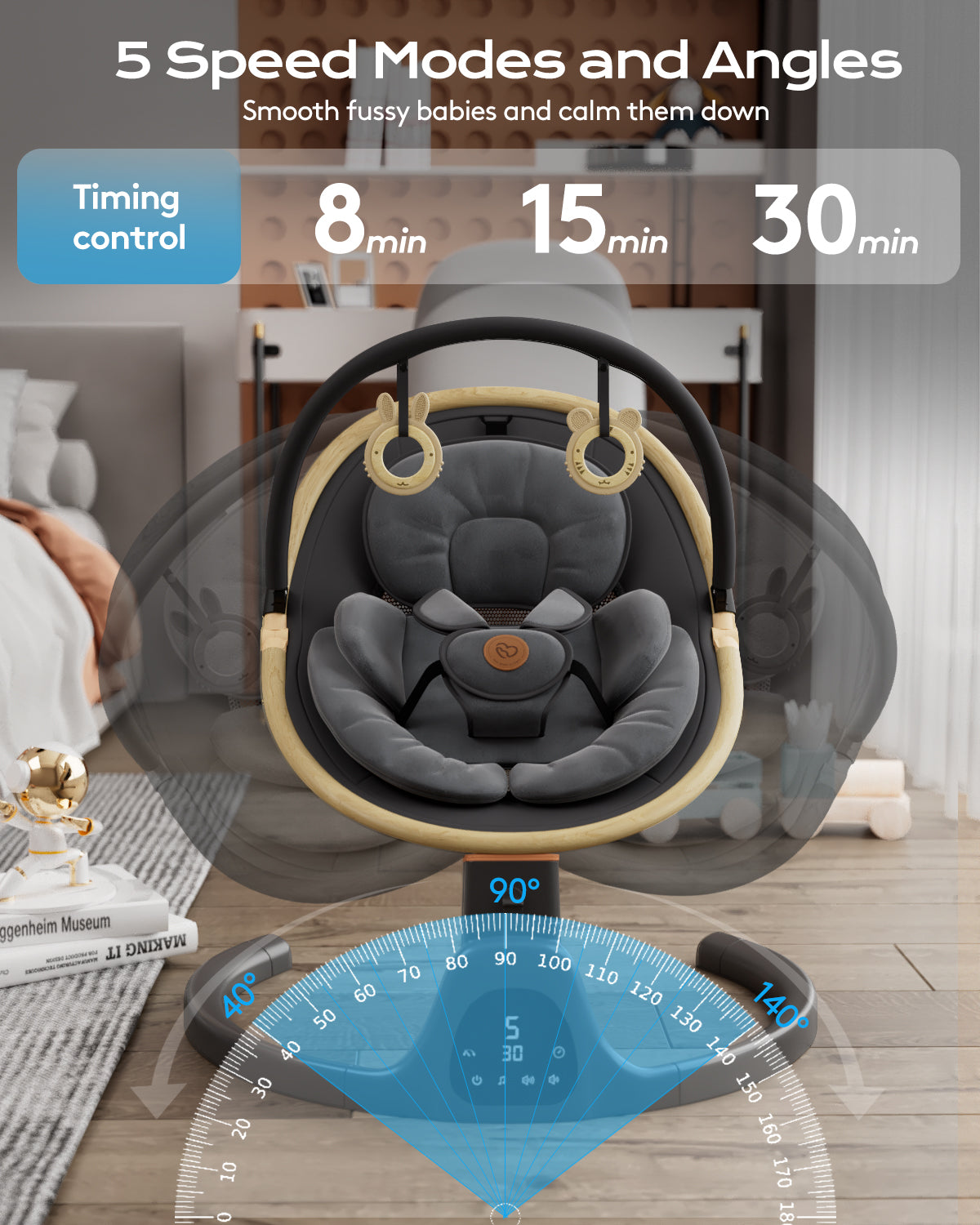 Baby Swing for Infants to Toddler Portable Babies Swing Timing Function 5 Swing Speeds Bluetooth Touch Screen Music Speaker with 10 Preset Lullabies 5-Point Carabiner White(BB2006))