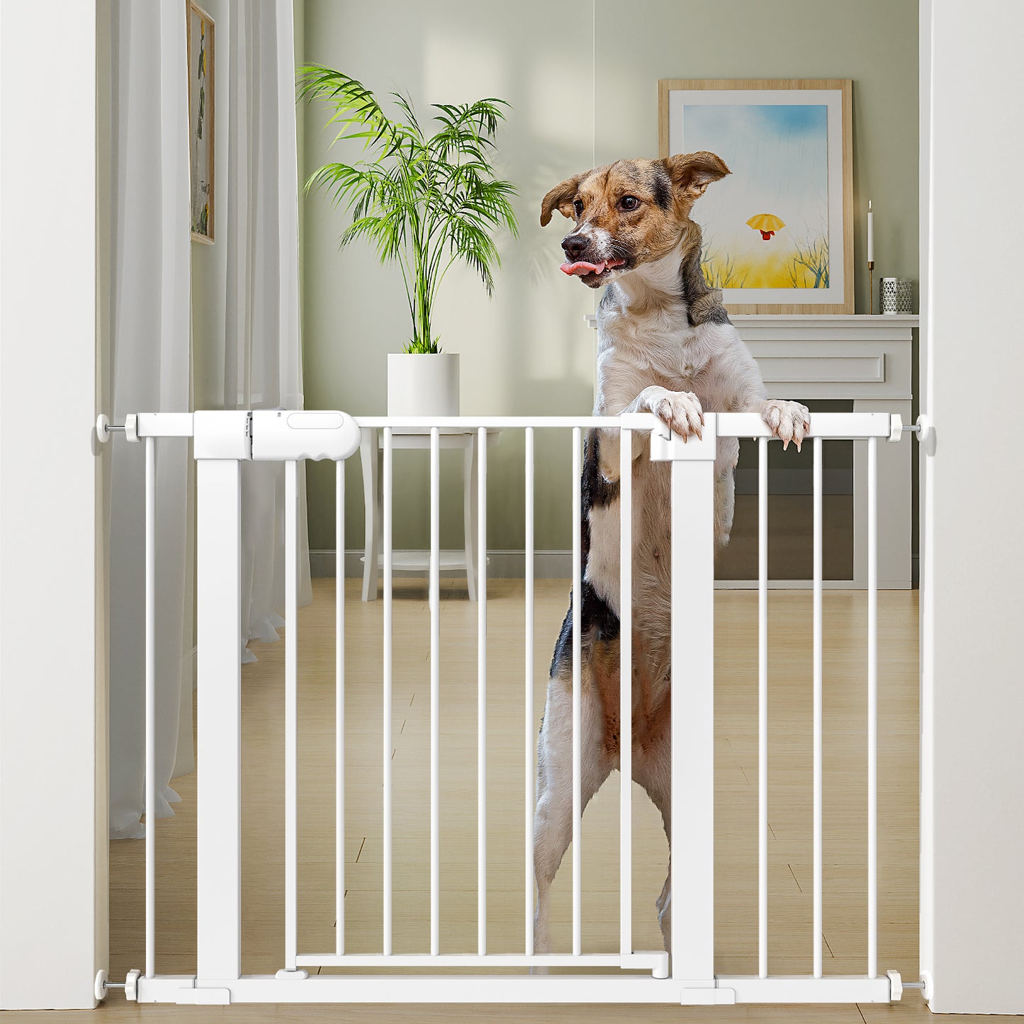 27-43" Baby Gate for Stairs, Dog Gate for Doorways, Pressure Mounted Self Closing Pet Gates for Dogs Indoor, Durable Safety Child Gate with Easy Walk Thru Door, White