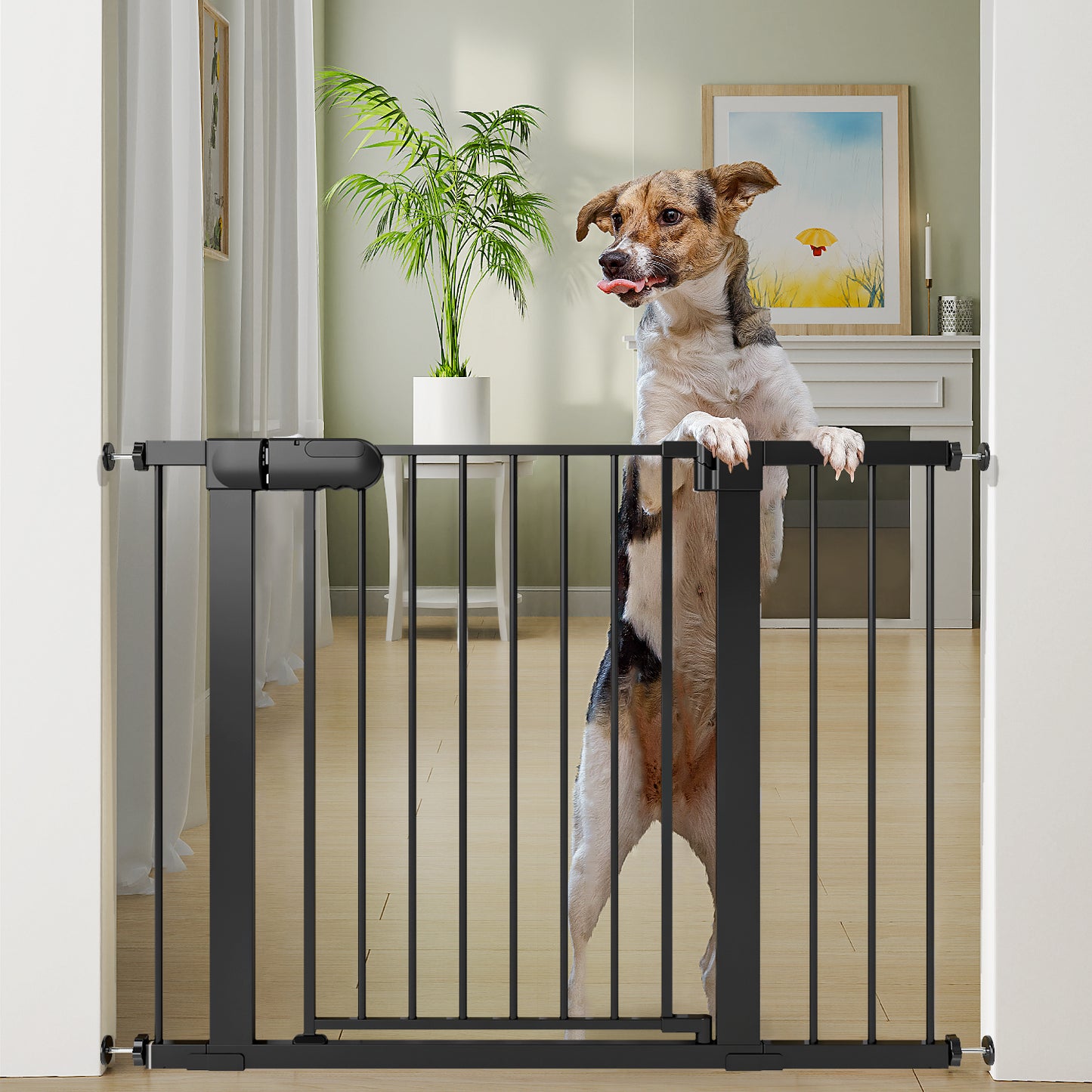 27-43" Baby Gate for Stairs, Dog Gate for Doorways, Pressure Mounted Self Closing Pet Gates for Dogs Indoor, Durable Safety Child Gate with Easy Walk Thru Door, White