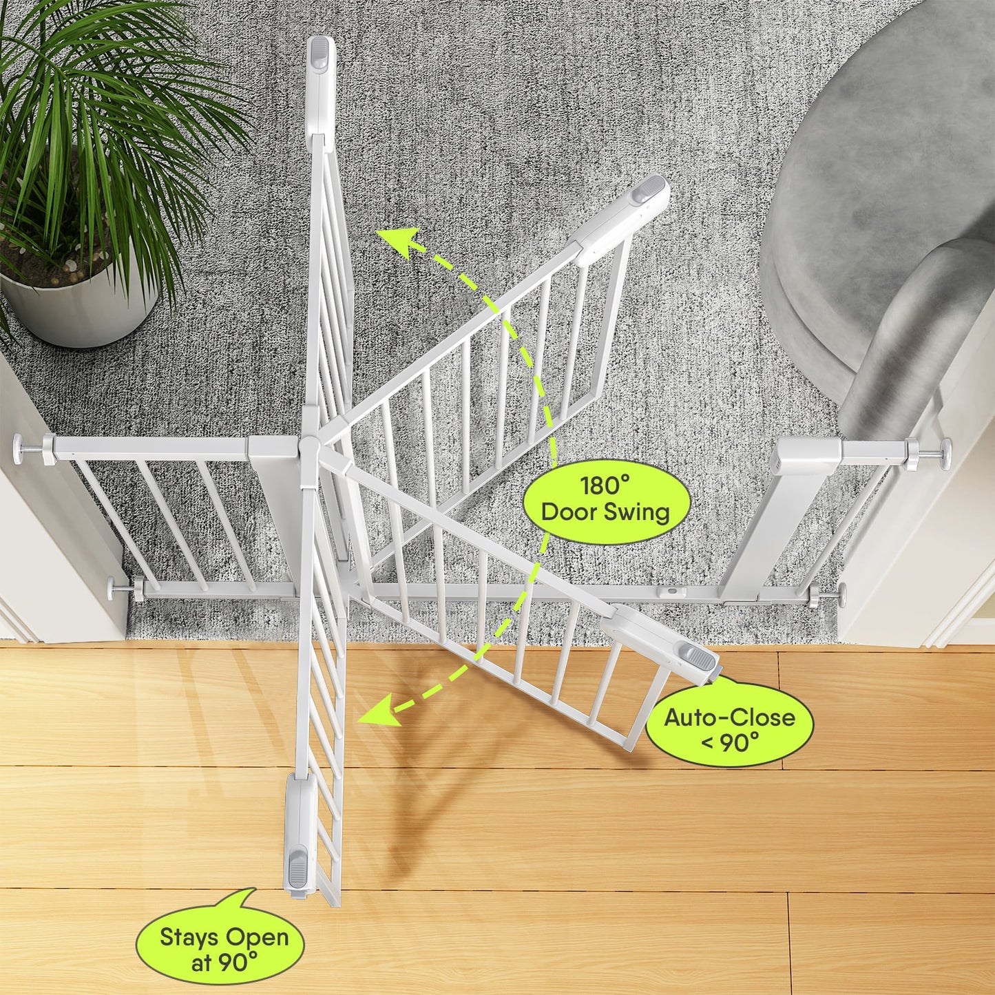 27-43" Baby Gate for Stairs, Dog Gate for Doorways, Pressure Mounted Self Closing Pet Gates for Dogs Indoor, Durable Safety Child Gate with Easy Walk Thru Door, White