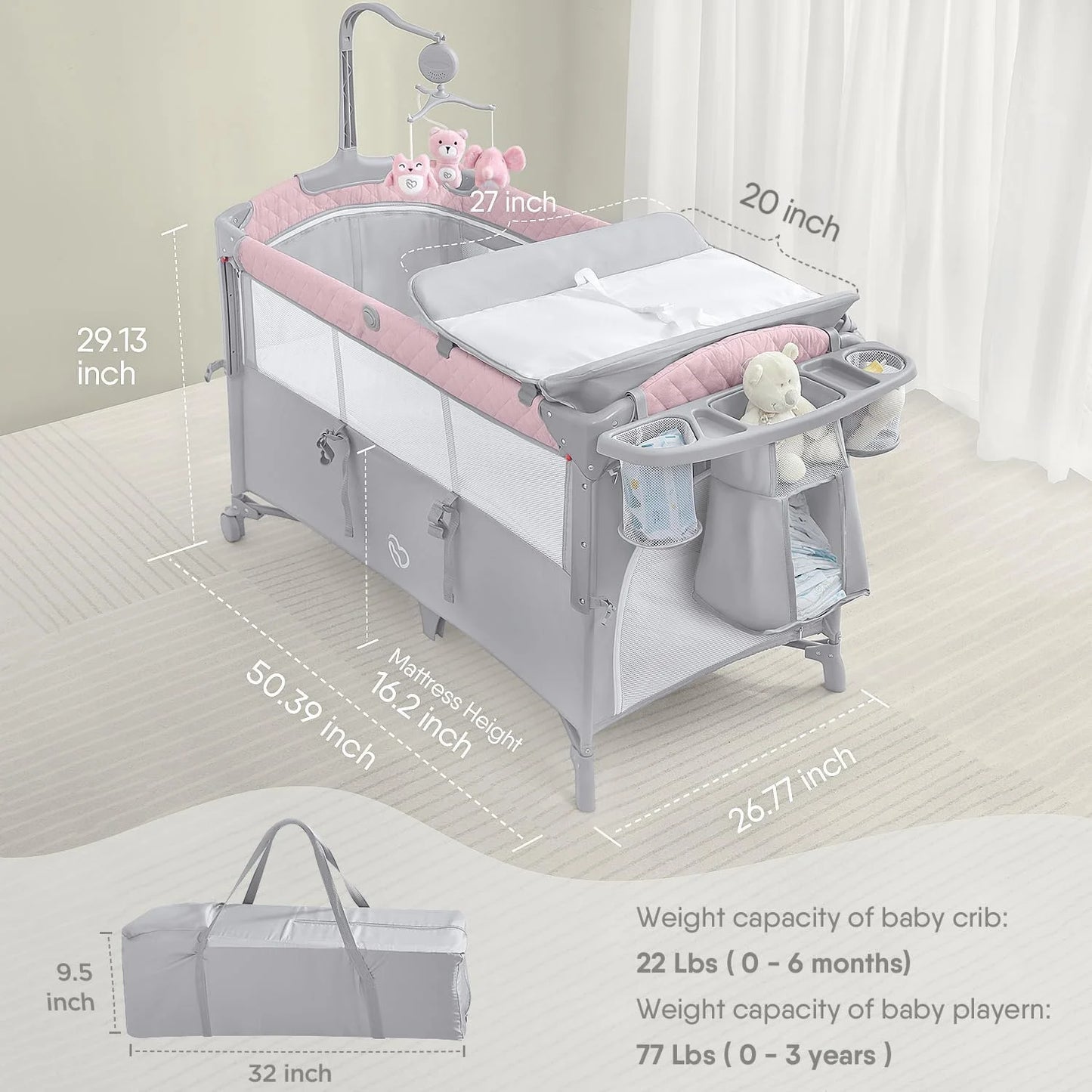 ADOVEL Baby Bassinet Bedside Crib, Pack and Play with Mattress, Diaper Changer and Playards from Newborn to Toddles,Pink, grey &Blue