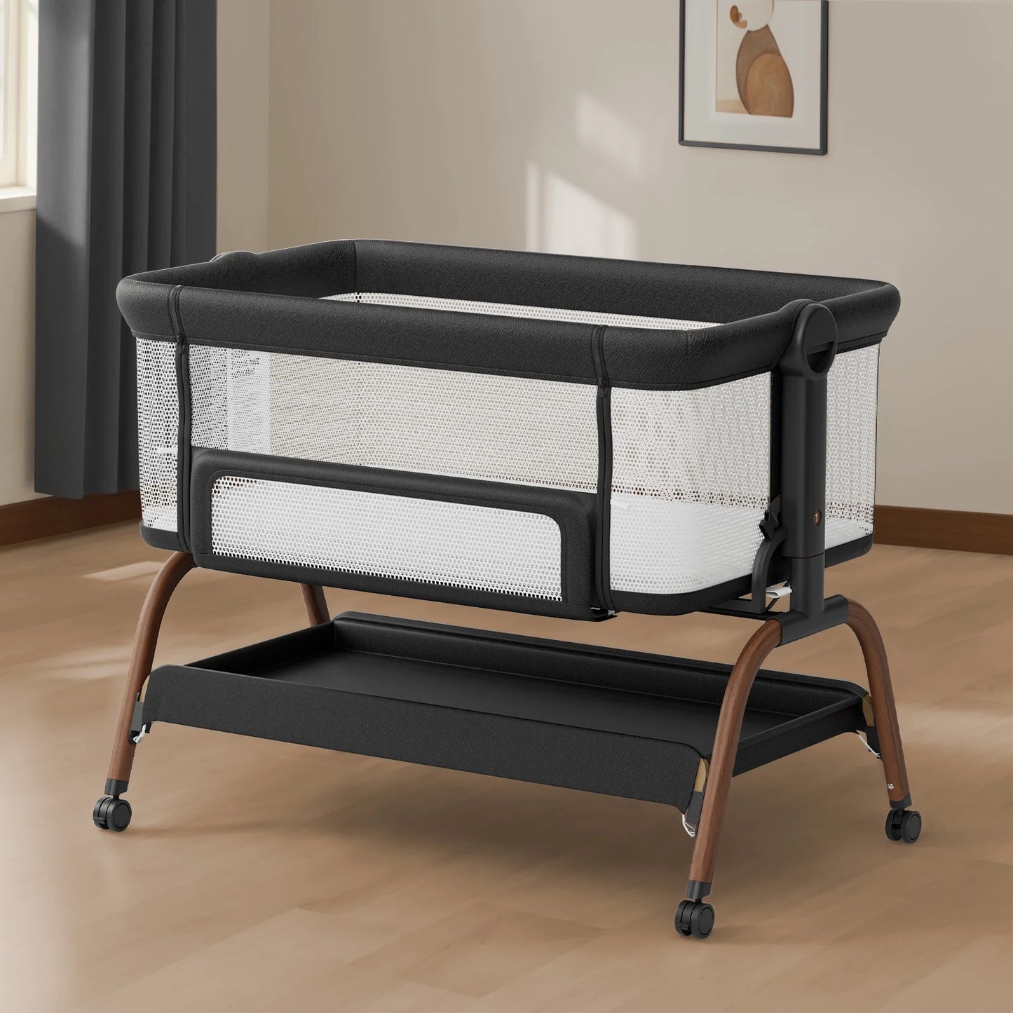 Baby Bassinet Bedside Crib, 3-in-1 Baby Bassinet Bedside Sleeper with Mattress and Soft, Breathable Sheet, Full-Mesh Sides, 6-Height Adjustable, Stable and Secure Crib for Newborns,Black&Beige