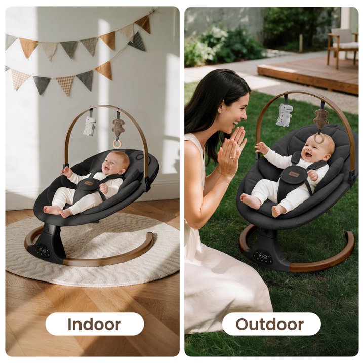Babyomi Baby Swing with Auto Rocking, Adjustable Recline & Speed, Remote Control, Timer, Bluetooth Music, Toy Bar & Secure 5-Point Harness for Infants.