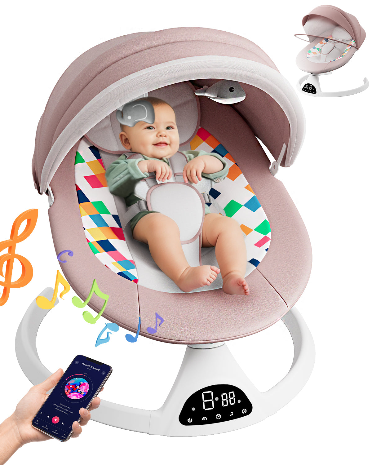 Electric Baby Swing for Infants, Baby Rocker for Infants with 5 Speeds, 10 Lullabies, Adapter & Battery Operated, Indoor & Outdoor Use, Remote Control
