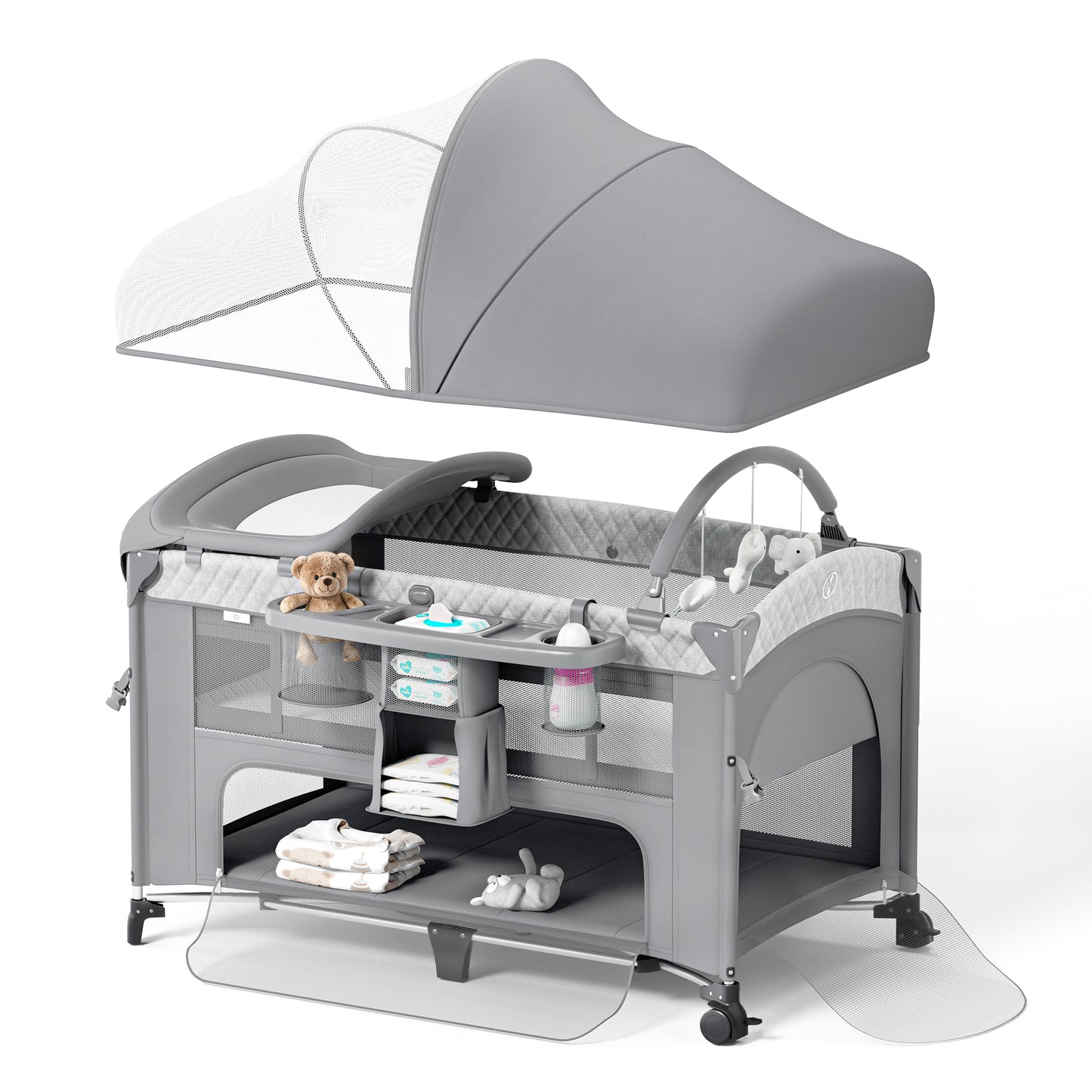 (UP670S)4 in 1 Baby Bassinet, Pack and Play, Bedside Crib Sleeper, Diaper Changer - Comes with Mattress, Mosquito Net，Bottom Storage and Toy Bar for Newborn to Toddles