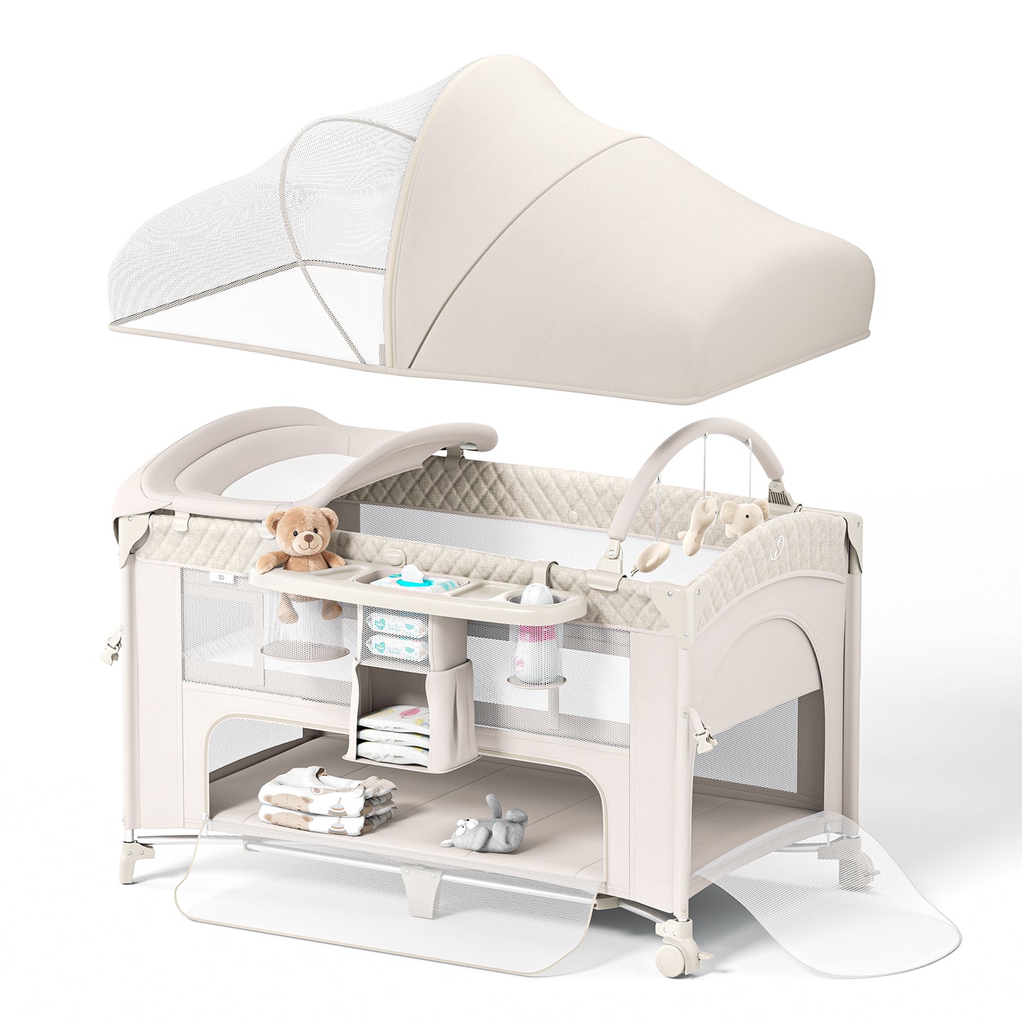 (UP670S)4 in 1 Baby Bassinet, Pack and Play, Bedside Crib Sleeper, Diaper Changer - Comes with Mattress, Mosquito Net，Bottom Storage and Toy Bar for Newborn to Toddles