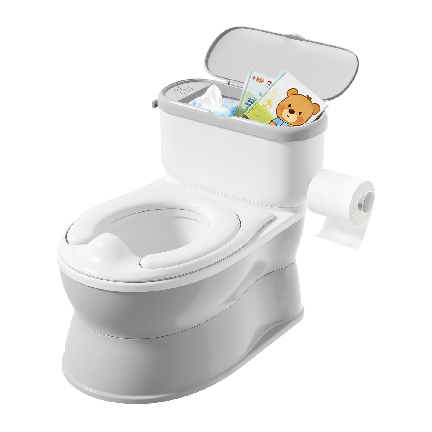 (1033) Babyomi Toddler Potty Training Toilet, 2-in-1 Portable Toilet with Detachable Training Seat, Realistic Flushing Sound, Wipes Storage and Toilet Paper Holder for Boys and Girls Ages 1-3, Grey