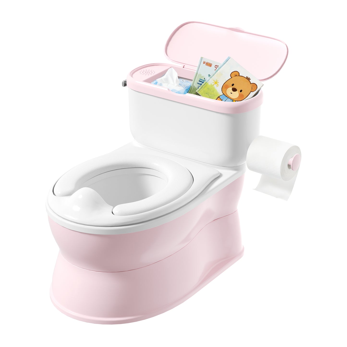 (1033) Babyomi Toddler Potty Training Toilet, 2-in-1 Portable Toilet with Detachable Training Seat, Realistic Flushing Sound, Wipes Storage and Toilet Paper Holder for Boys and Girls Ages 1-3, Grey