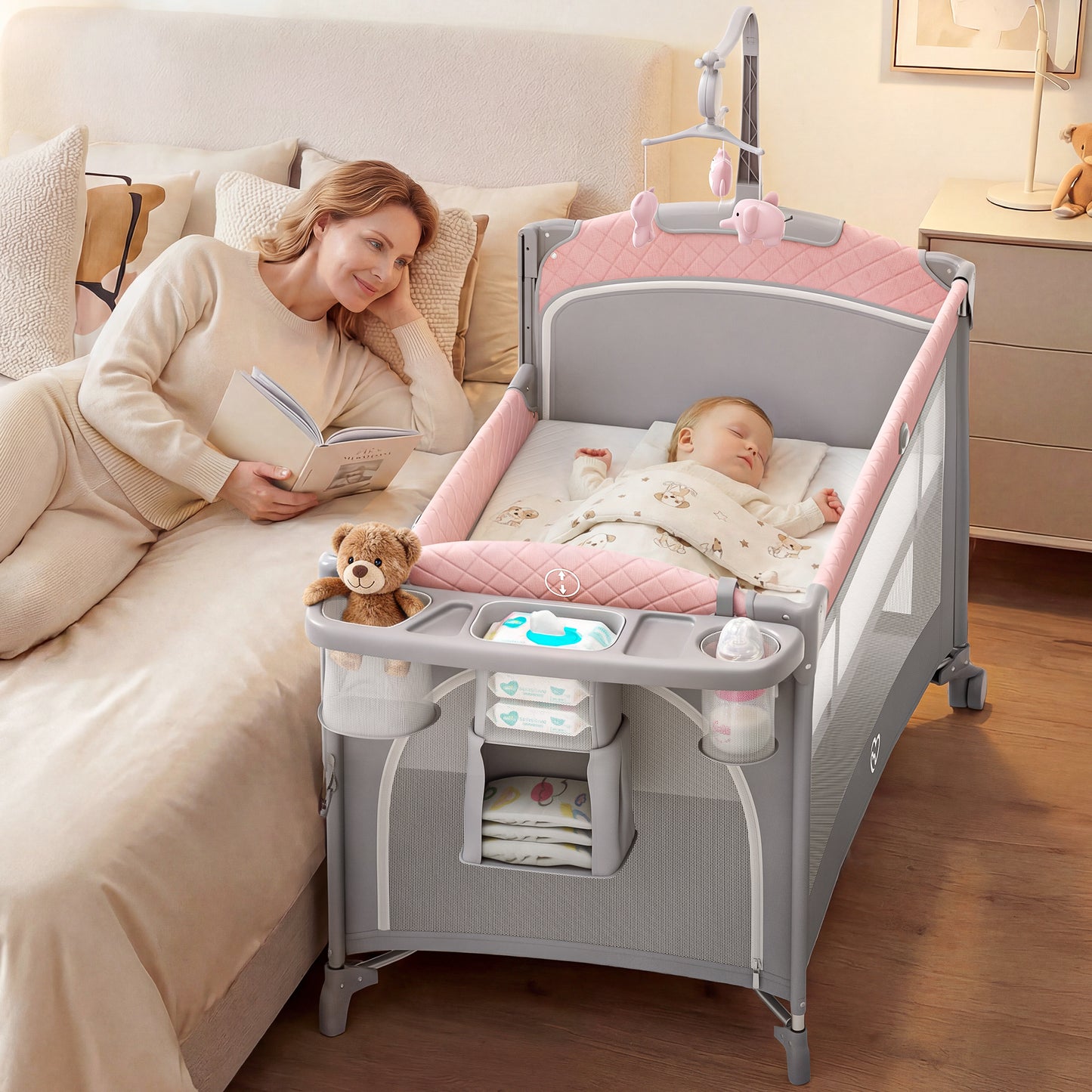 5 in 1 Baby Bassinet Bedside Crib, Easy Folding Portable Playards, Pack and Play with Mattress, Diaper Changer and Music Mobile Pink