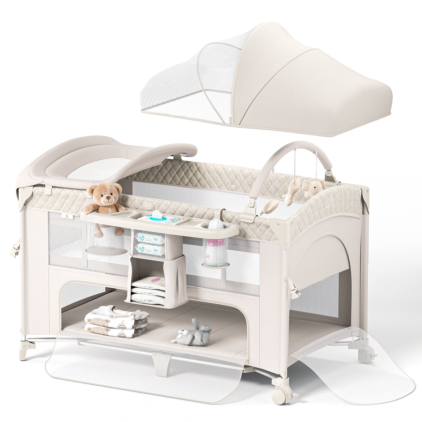 (UP670S)4 in 1 Baby Bassinet, Pack and Play, Bedside Crib Sleeper, Diaper Changer - Comes with Mattress, Mosquito Net，Bottom Storage and Toy Bar for Newborn to Toddles