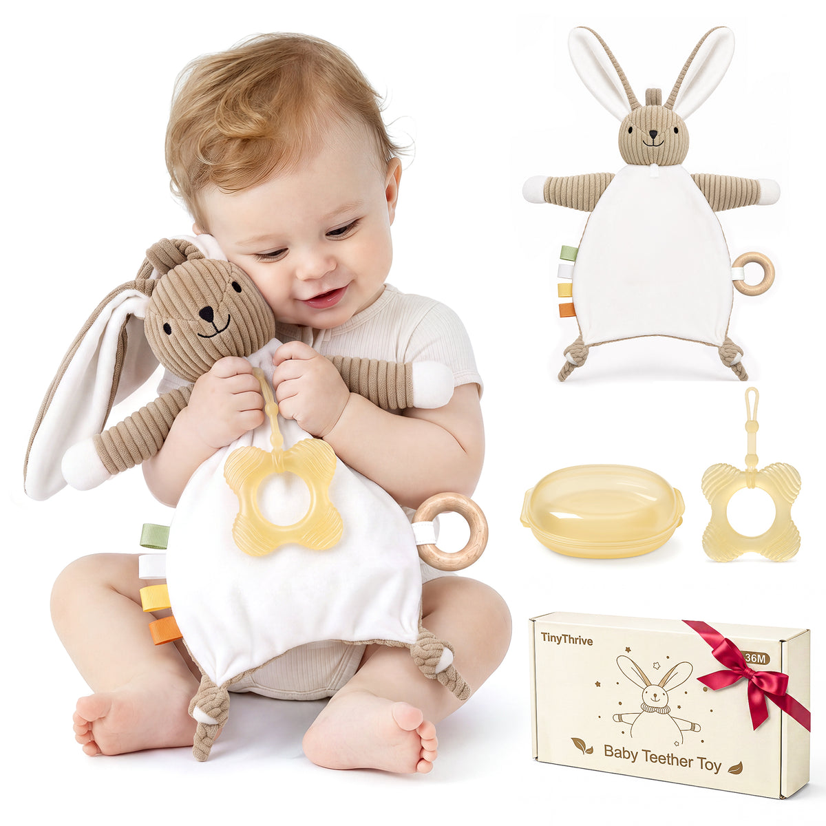 Babyomi Lovey with Silicone Teether, Rabbit Security Blanket with Textured Ribbons, Crinkle Toys, Soft Fabric, Newborn boys and girls Gifts for Baby Shower & Birthday, Brown