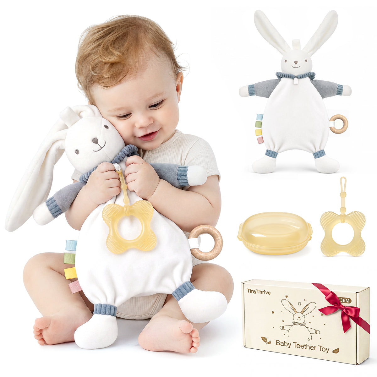Babyomi Lovey with Silicone Teether, Rabbit Security Blanket with Textured Ribbons, Crinkle Toys, Soft Fabric, Newborn boys and girls Gifts for Baby Shower & Birthday, Brown