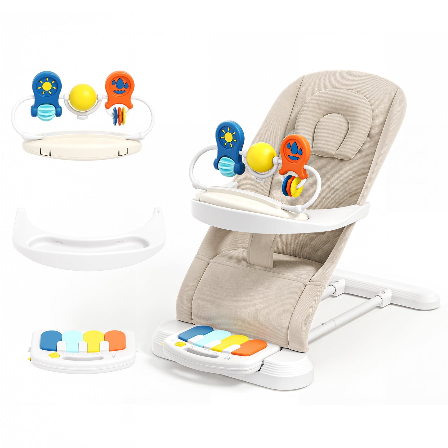 Babyomi 4 in 1 Baby Bouncer, 3-Level Recline Foldable Rocker for Infant to Toddler 0-6 with Detachable Pianos, Feeding Tray and Play Bar 12-24 Months, Girls and Boys Gift, Beige