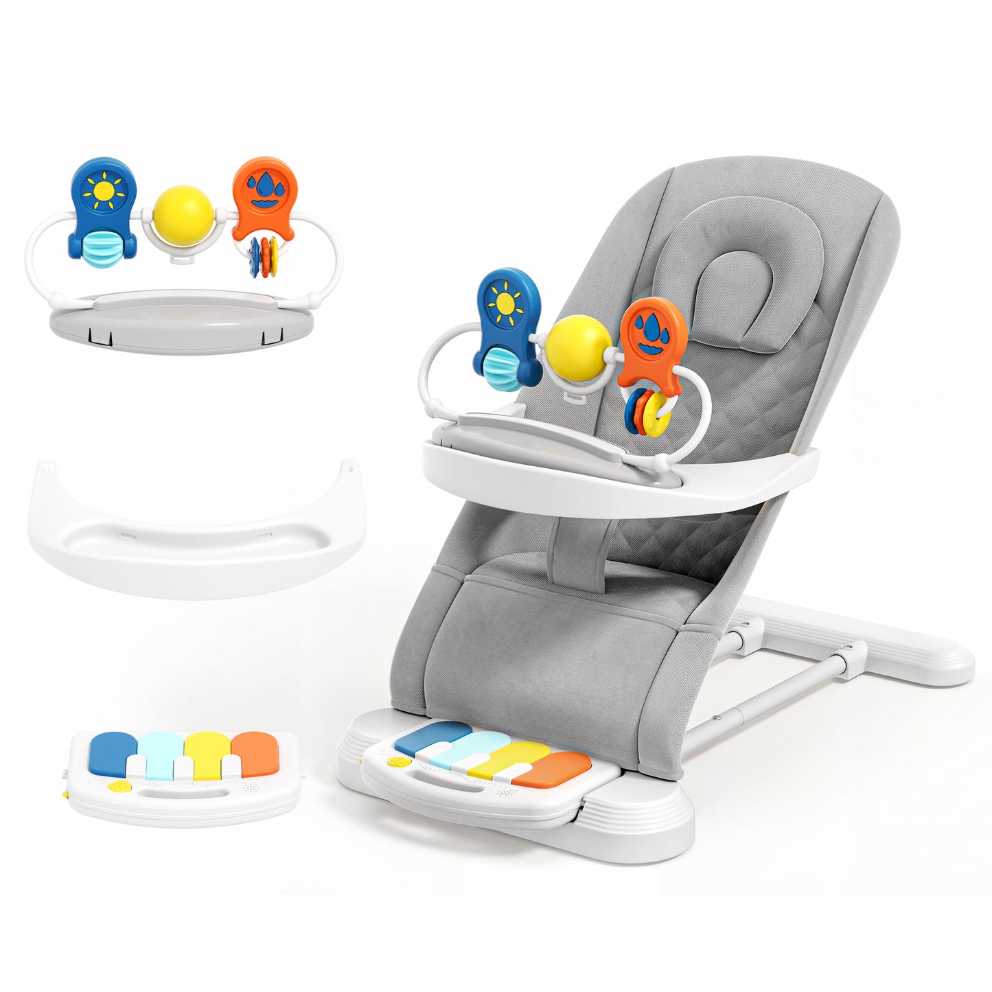 Babyomi 4 in 1 Baby Bouncer, 3-Level Recline Foldable Rocker for Infant to Toddler 0-6 with Detachable Pianos, Feeding Tray and Play Bar 12-24 Months, Girls and Boys Gift, Beige