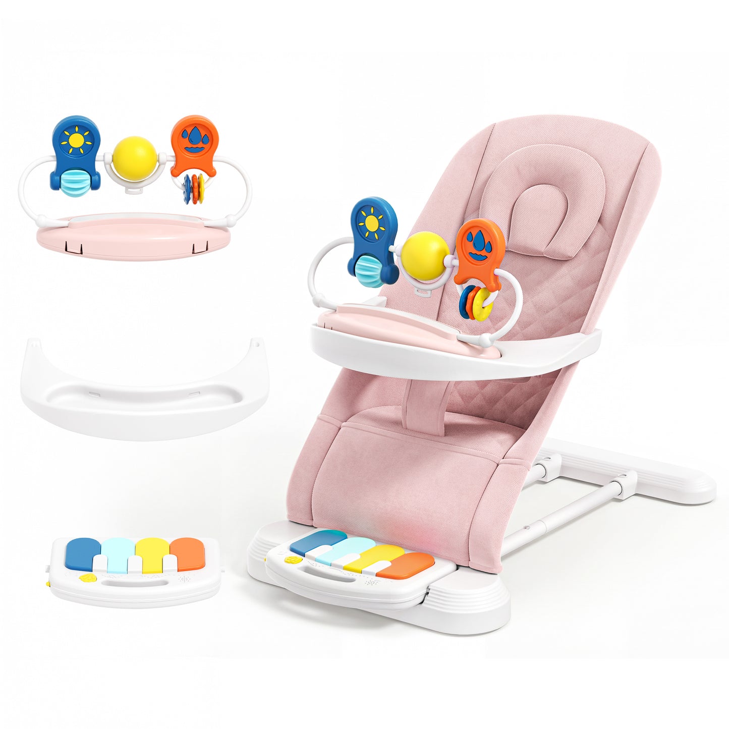 Babyomi 4 in 1 Baby Bouncer, 3-Level Recline Foldable Rocker for Infant to Toddler 0-6 with Detachable Pianos, Feeding Tray and Play Bar 12-24 Months, Girls and Boys Gift, Beige