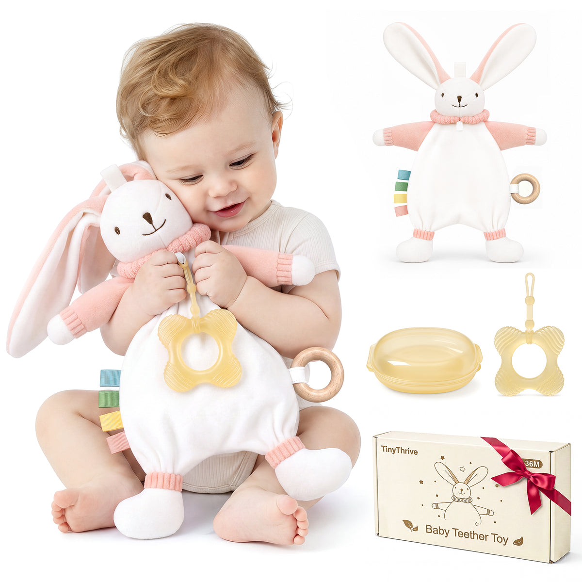 Babyomi Lovey with Silicone Teether, Rabbit Security Blanket with Textured Ribbons, Crinkle Toys, Soft Fabric, Newborn boys and girls Gifts for Baby Shower & Birthday, Brown