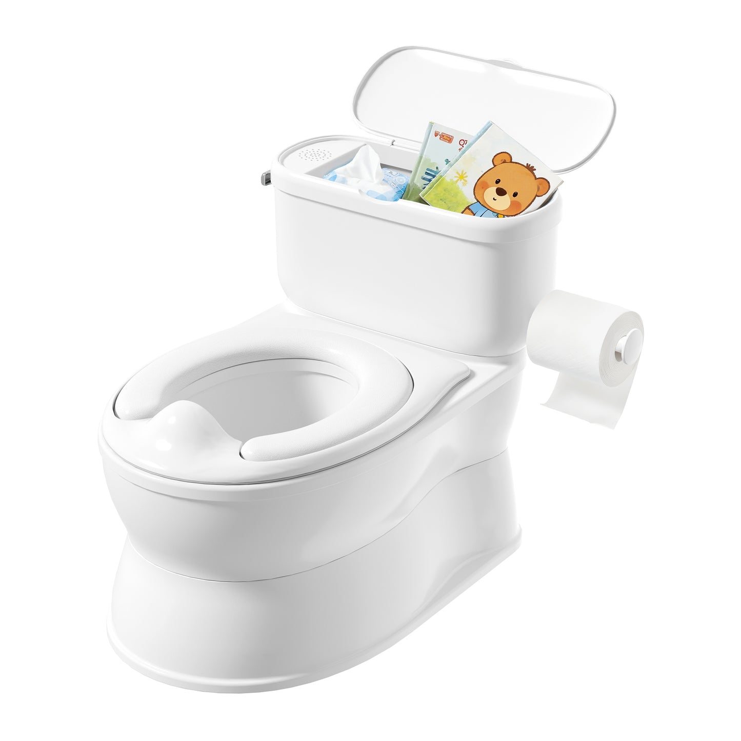 (1033) Babyomi Toddler Potty Training Toilet, 2-in-1 Portable Toilet with Detachable Training Seat, Realistic Flushing Sound, Wipes Storage and Toilet Paper Holder for Boys and Girls Ages 1-3, Grey