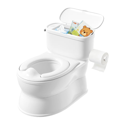 (1033) Babyomi Toddler Potty Training Toilet, 2-in-1 Portable Toilet with Detachable Training Seat, Realistic Flushing Sound, Wipes Storage and Toilet Paper Holder for Boys and Girls Ages 1-3, Grey