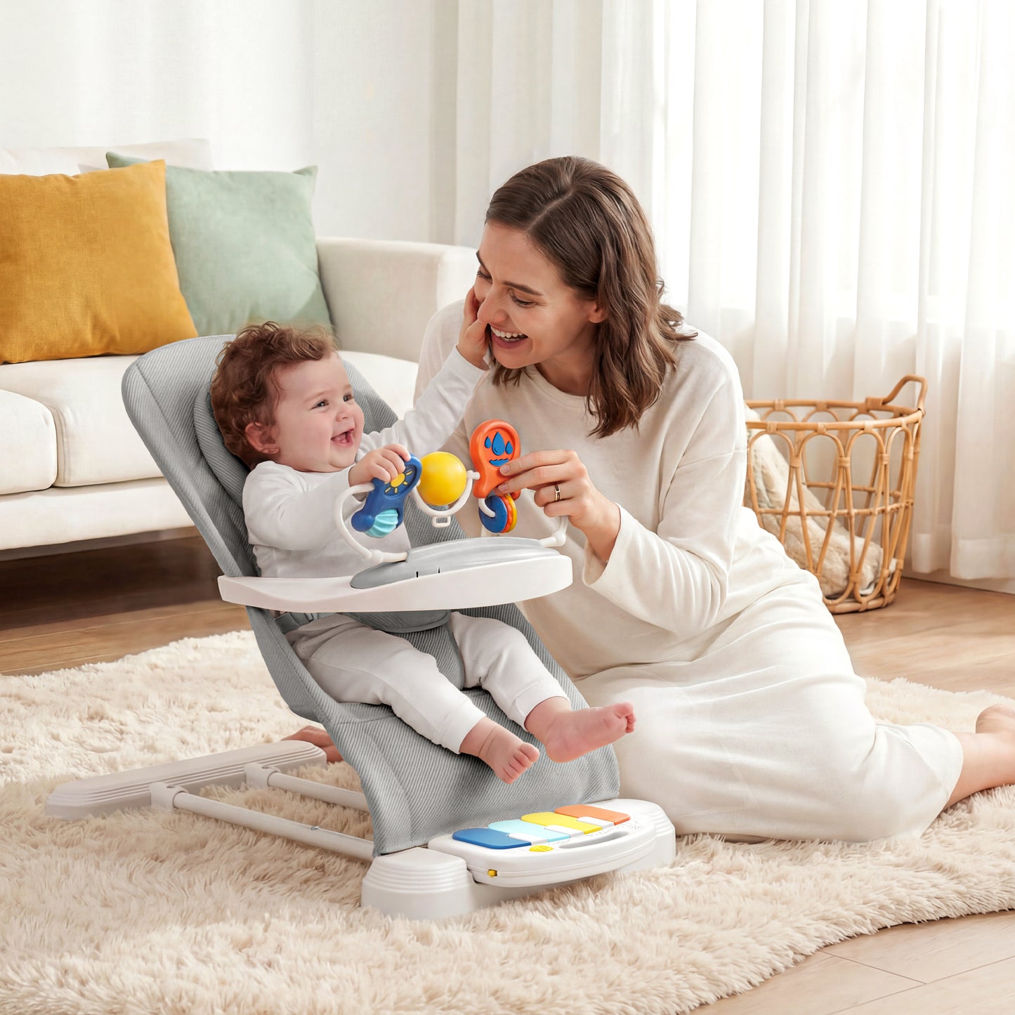Babyomi 4 in 1 Baby Bouncer, 3-Level Recline Foldable Rocker for Infant to Toddler 0-6 with Detachable Pianos, Feeding Tray and Play Bar 12-24 Months, Girls and Boys Gift, Beige
