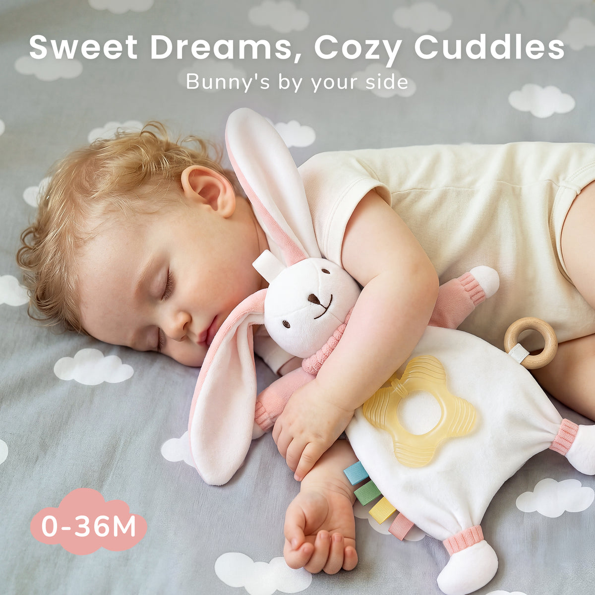 Babyomi Lovey with Silicone Teether, Rabbit Security Blanket with Textured Ribbons, Crinkle Toys, Soft Fabric, Newborn boys and girls Gifts for Baby Shower & Birthday, Brown