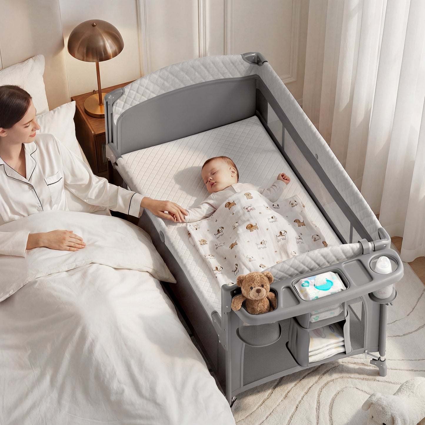 (UP670S)4 in 1 Baby Bassinet, Pack and Play, Bedside Crib Sleeper, Diaper Changer - Comes with Mattress, Mosquito Net，Bottom Storage and Toy Bar for Newborn to Toddles