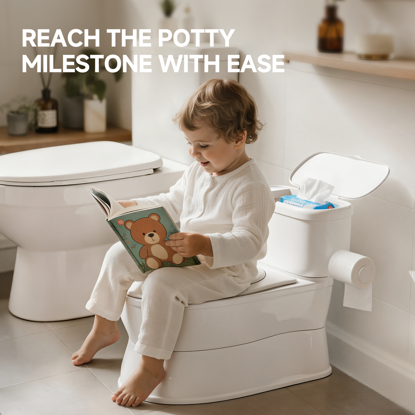 (1033) Babyomi Toddler Potty Training Toilet, 2-in-1 Portable Toilet with Detachable Training Seat, Realistic Flushing Sound, Wipes Storage and Toilet Paper Holder for Boys and Girls Ages 1-3, Grey