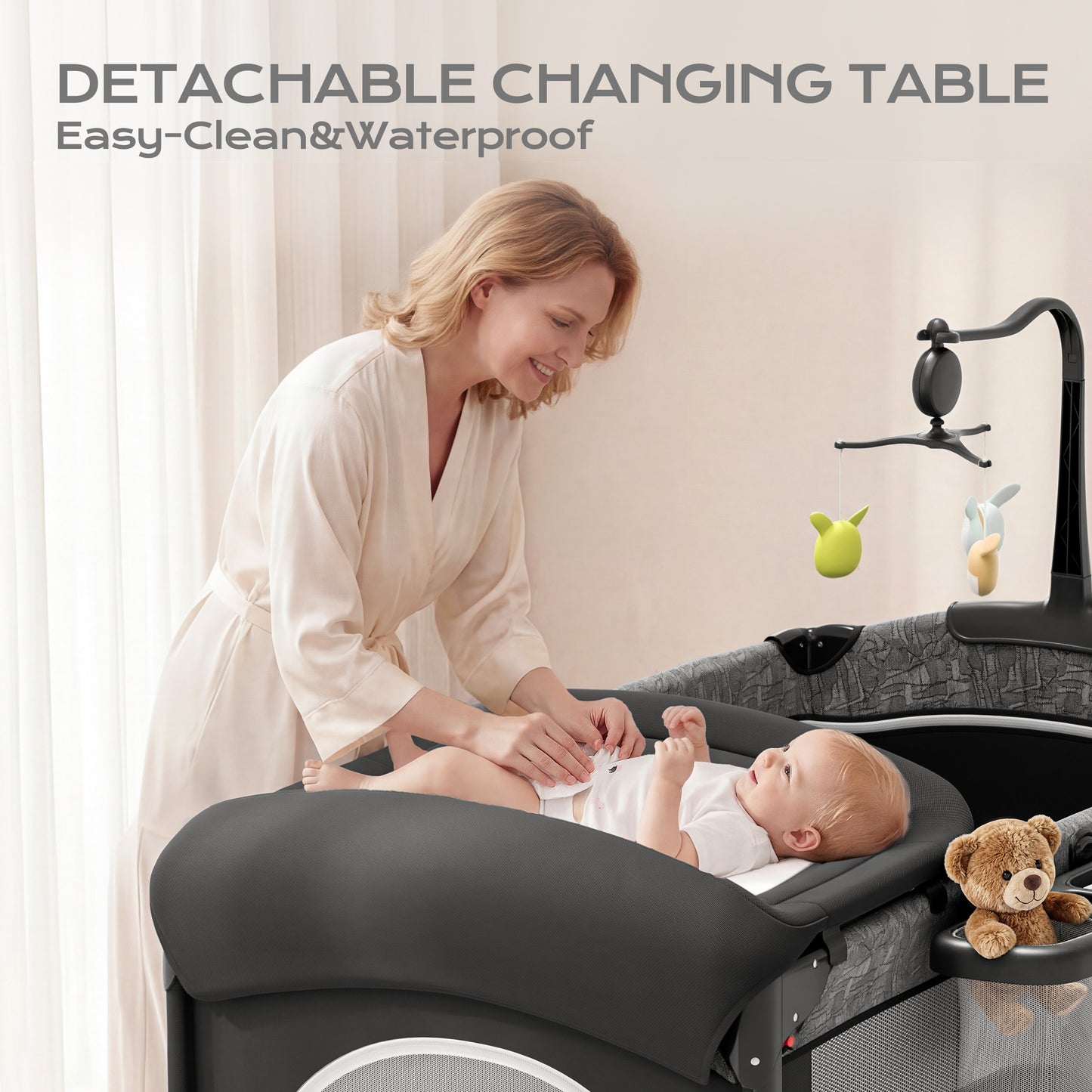 5 in 1 Baby Bassinet Bedside Crib, Easy Folding Portable Playards, Pack and Play with Mattress, Diaper Changer and Music Mobile Pink