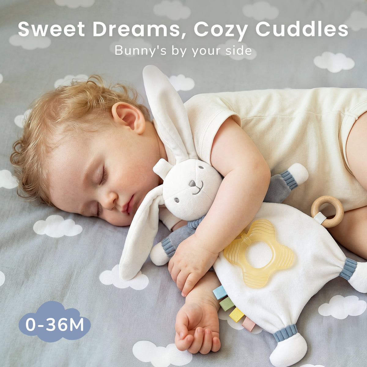 Babyomi Lovey with Silicone Teether, Rabbit Security Blanket with Textured Ribbons, Crinkle Toys, Soft Fabric, Newborn boys and girls Gifts for Baby Shower & Birthday, Brown