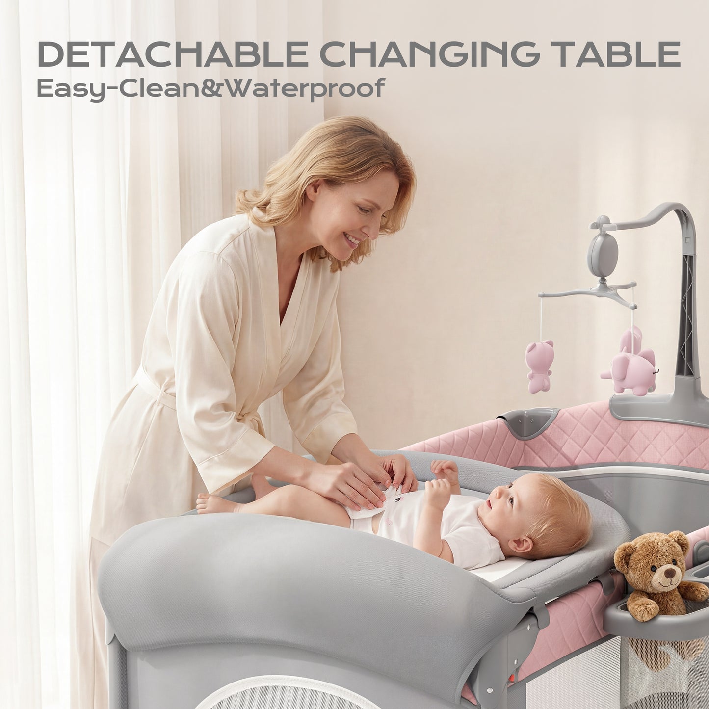 5 in 1 Baby Bassinet Bedside Crib, Easy Folding Portable Playards, Pack and Play with Mattress, Diaper Changer and Music Mobile Pink