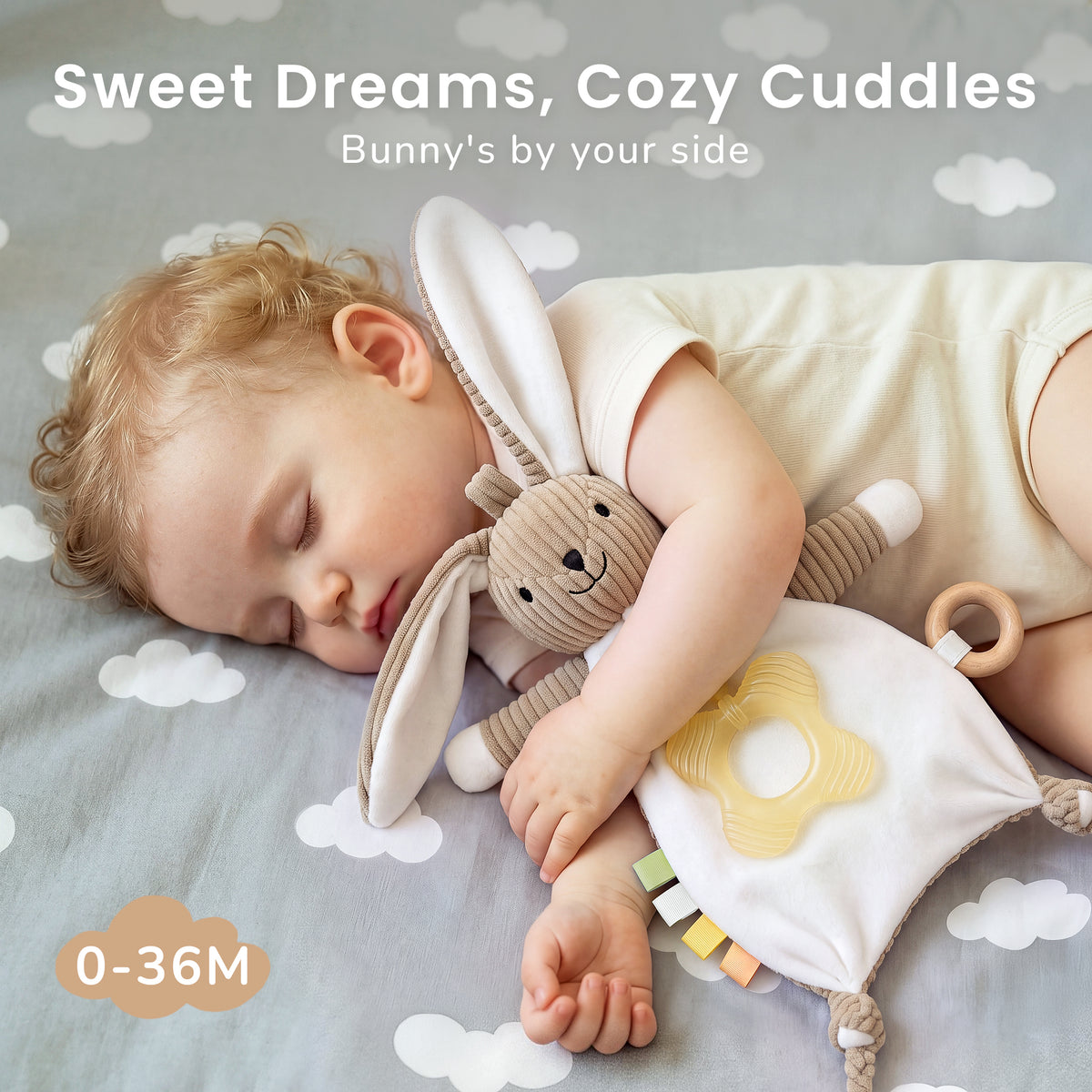 Babyomi Lovey with Silicone Teether, Rabbit Security Blanket with Textured Ribbons, Crinkle Toys, Soft Fabric, Newborn boys and girls Gifts for Baby Shower & Birthday, Brown