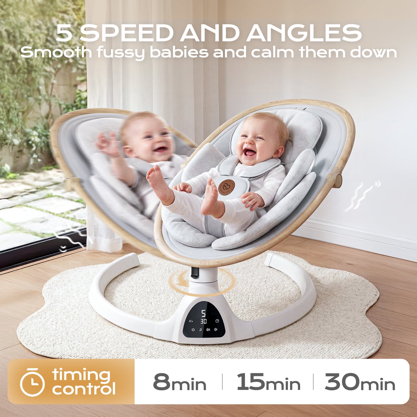 Baby Swing for Infants to Toddler Portable Babies Swing Timing Function 5 Swing Speeds Bluetooth Touch Screen Music Speaker with 10 Preset Lullabies 5-Point Carabiner White