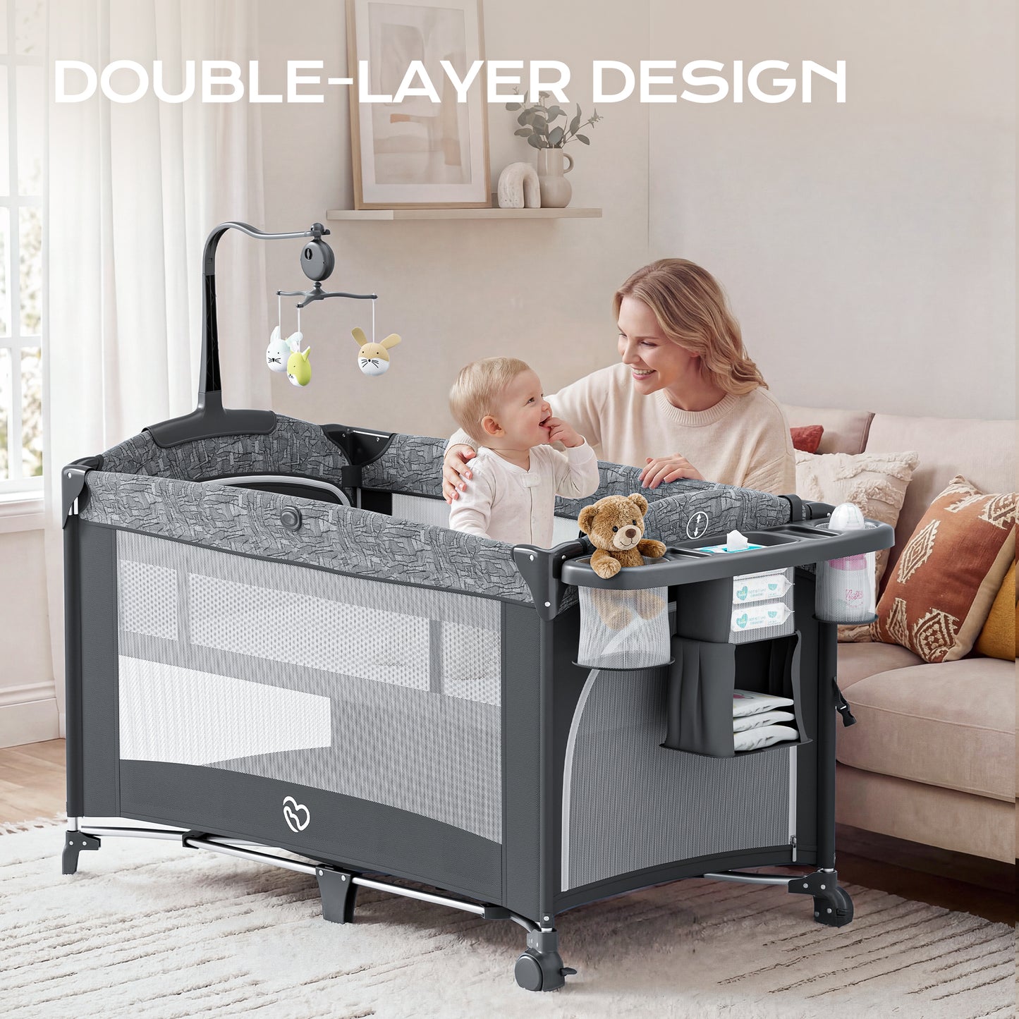 5 in 1 Baby Bassinet Bedside Crib, Easy Folding Portable Playards, Pack and Play with Mattress, Diaper Changer and Music Mobile Pink
