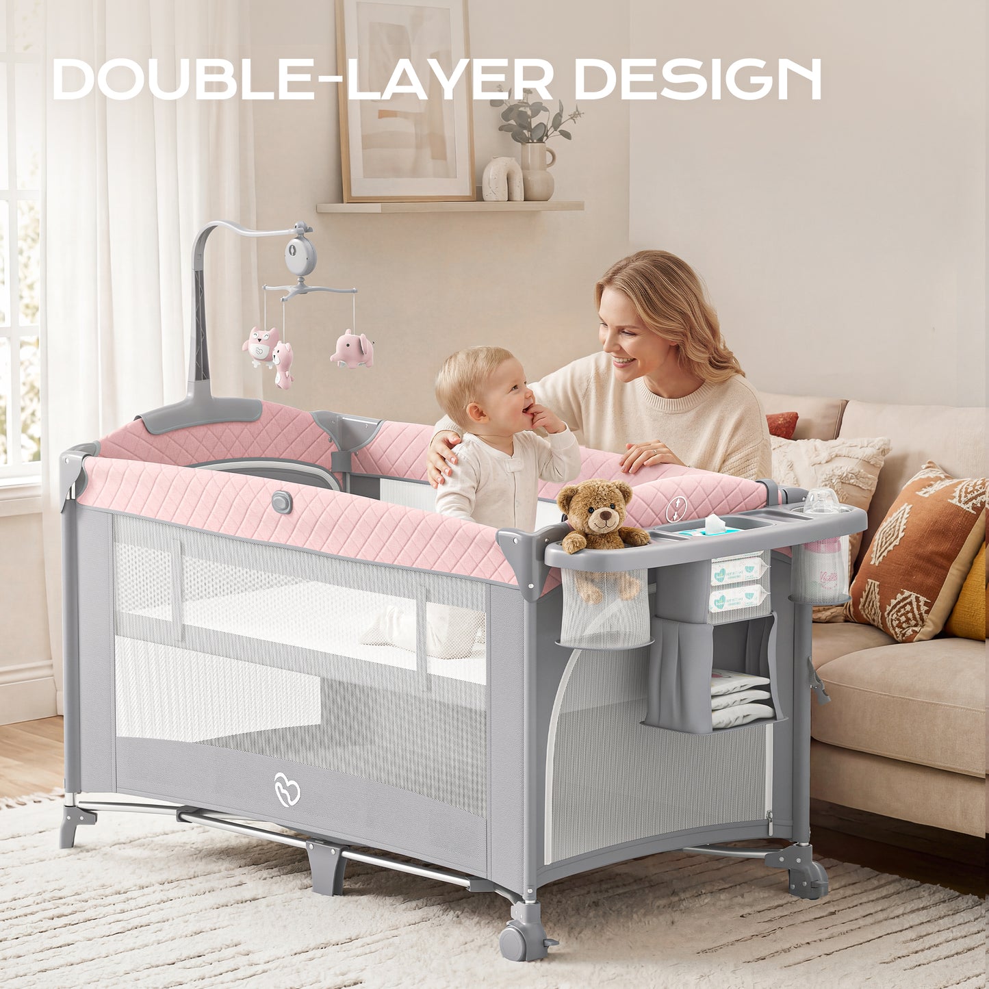 5 in 1 Baby Bassinet Bedside Crib, Easy Folding Portable Playards, Pack and Play with Mattress, Diaper Changer and Music Mobile Pink