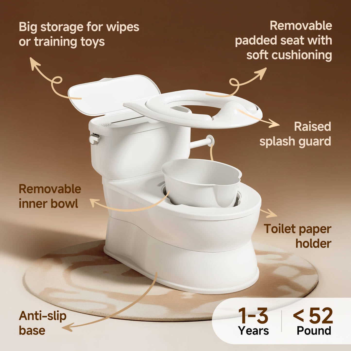 (1033) Babyomi Toddler Potty Training Toilet, 2-in-1 Portable Toilet with Detachable Training Seat, Realistic Flushing Sound, Wipes Storage and Toilet Paper Holder for Boys and Girls Ages 1-3, Grey