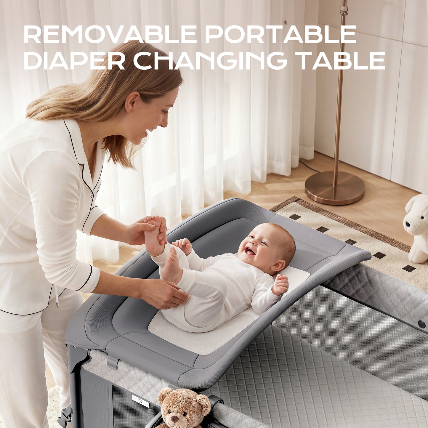 (UP670S)4 in 1 Baby Bassinet, Pack and Play, Bedside Crib Sleeper, Diaper Changer - Comes with Mattress, Mosquito Net，Bottom Storage and Toy Bar for Newborn to Toddles