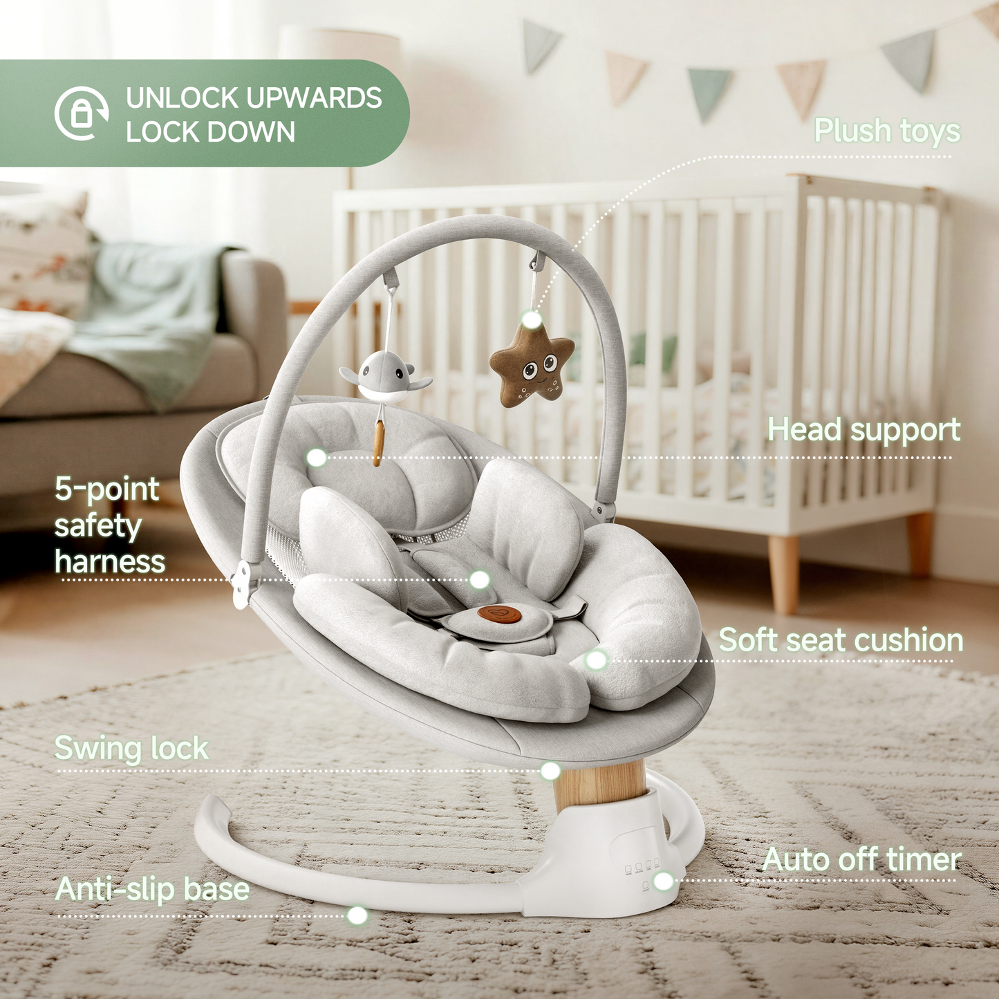 Babyomi portable baby swings for infants to toddler, Electric Baby Swing with Music Speaker, 3 Preset Timing Modes, and 5 Speeds, Remote Control and Bluetooth - Infant Swing for Indoor （708）