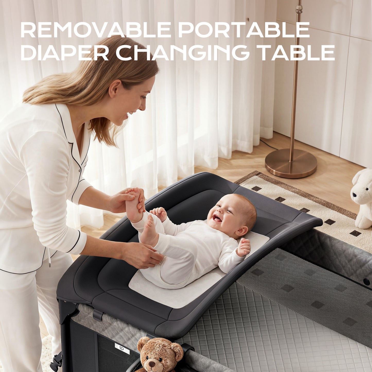 (UP670S)4 in 1 Baby Bassinet, Pack and Play, Bedside Crib Sleeper, Diaper Changer - Comes with Mattress, Mosquito Net，Bottom Storage and Toy Bar for Newborn to Toddles