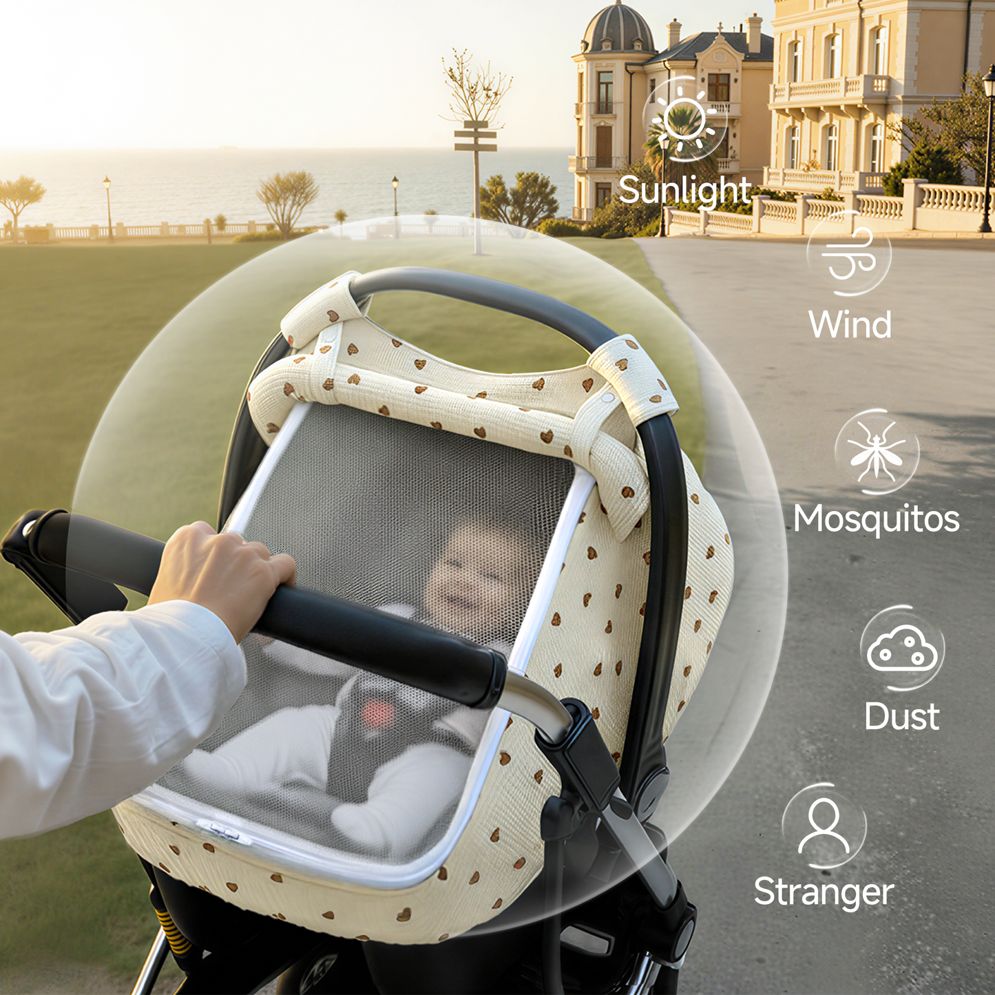 Babyomi Multifunctional Muslin Baby Car Seat Cover, Breathable Cotton, Windproof Carseat Canopy And Extra Large Mesh Window For Newborn, Machine Washable,Beige，green (BM3013