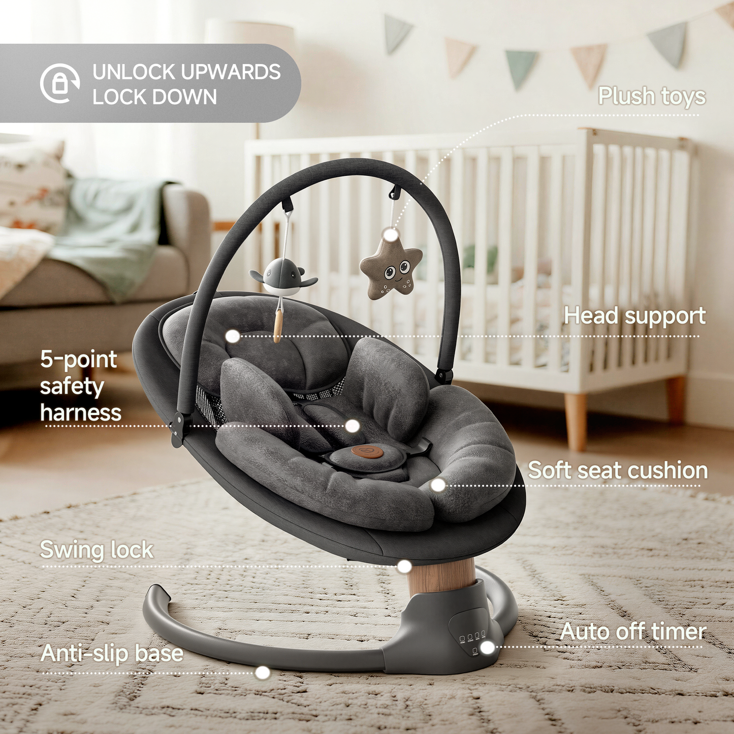 Babyomi portable baby swings for infants to toddler, Electric Baby Swing with Music Speaker, 3 Preset Timing Modes, and 5 Speeds, Remote Control and Bluetooth - Infant Swing for Indoor （708）